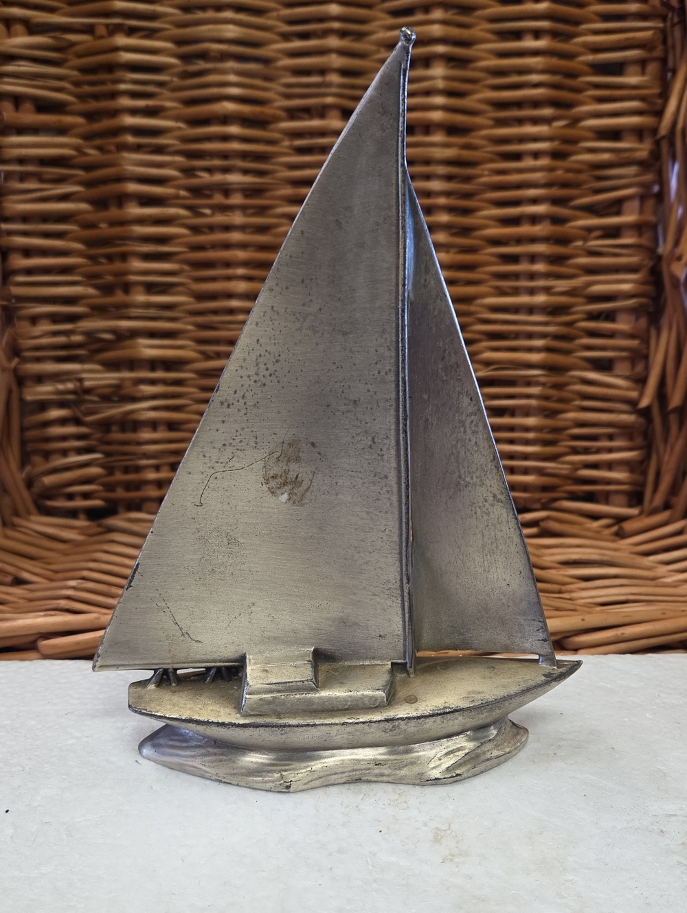 Vintage Silver Sailboat Home Art Sculpture - Metallic Nautical Decor
